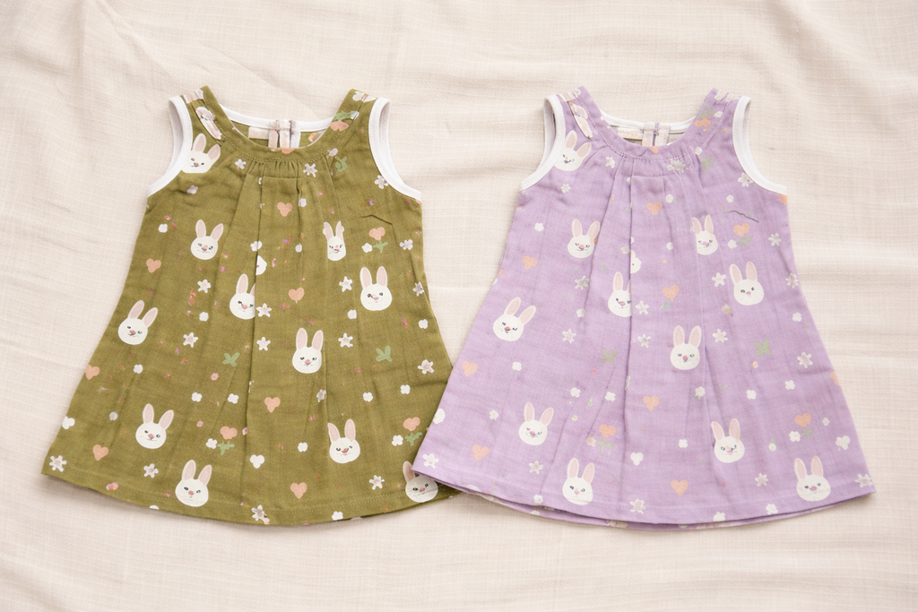 Skin friendly Muslin cotton | Bunny print Frock with matching Cap and booties