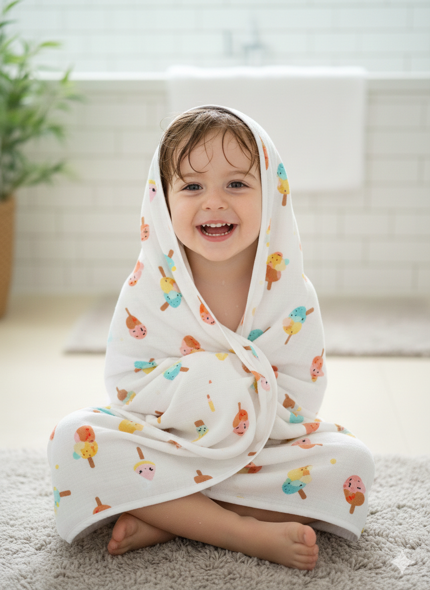 100% Muslin Cotton Baby Bath Towel | Two Layer | Long | Hooded | Combo