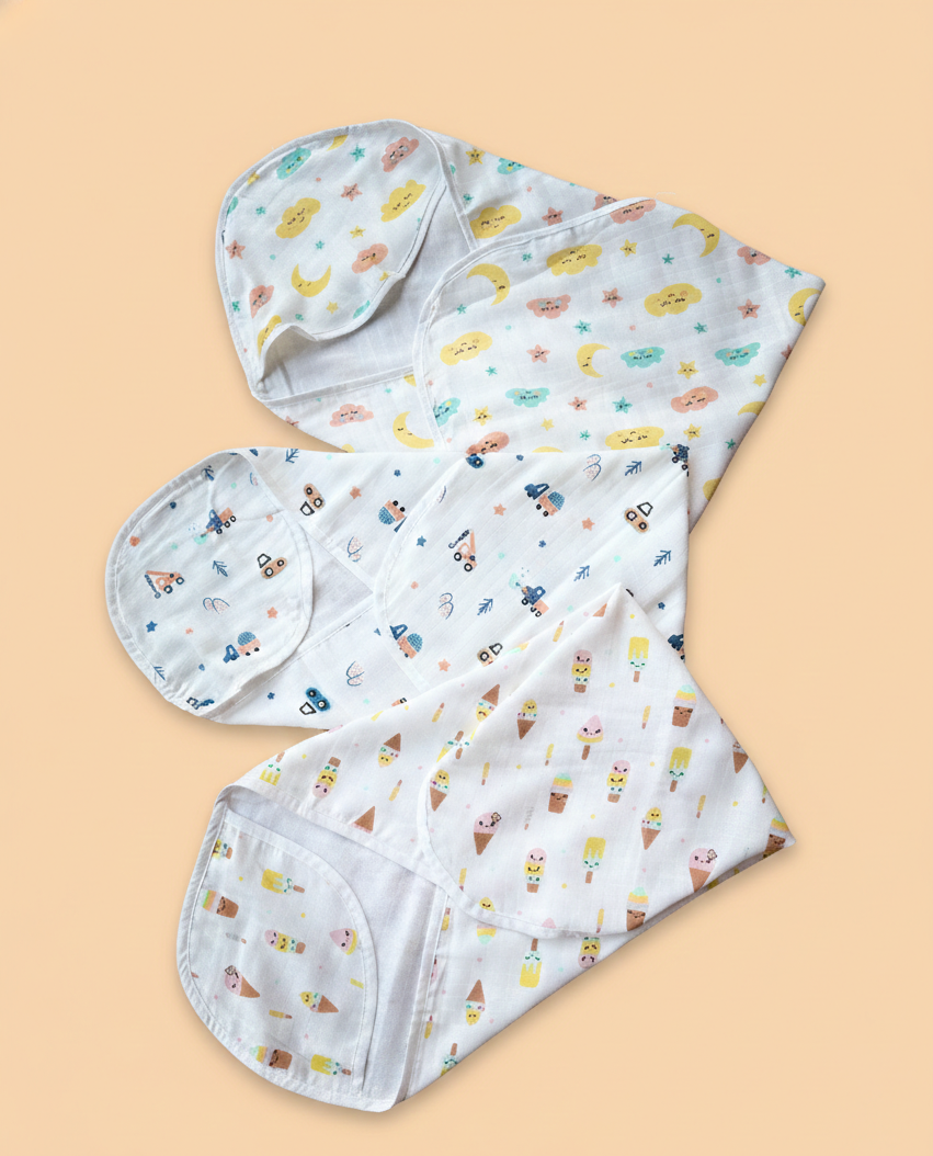 100% Muslin Cotton Baby Bath Towel | Two Layer | Long | Hooded | Combo