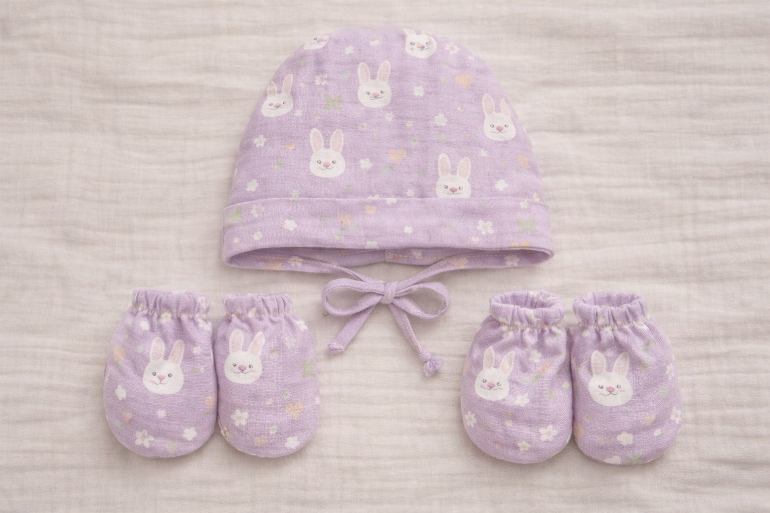 Soft Muslin Cotton Tie down Bunny cap with Mittens and Booties