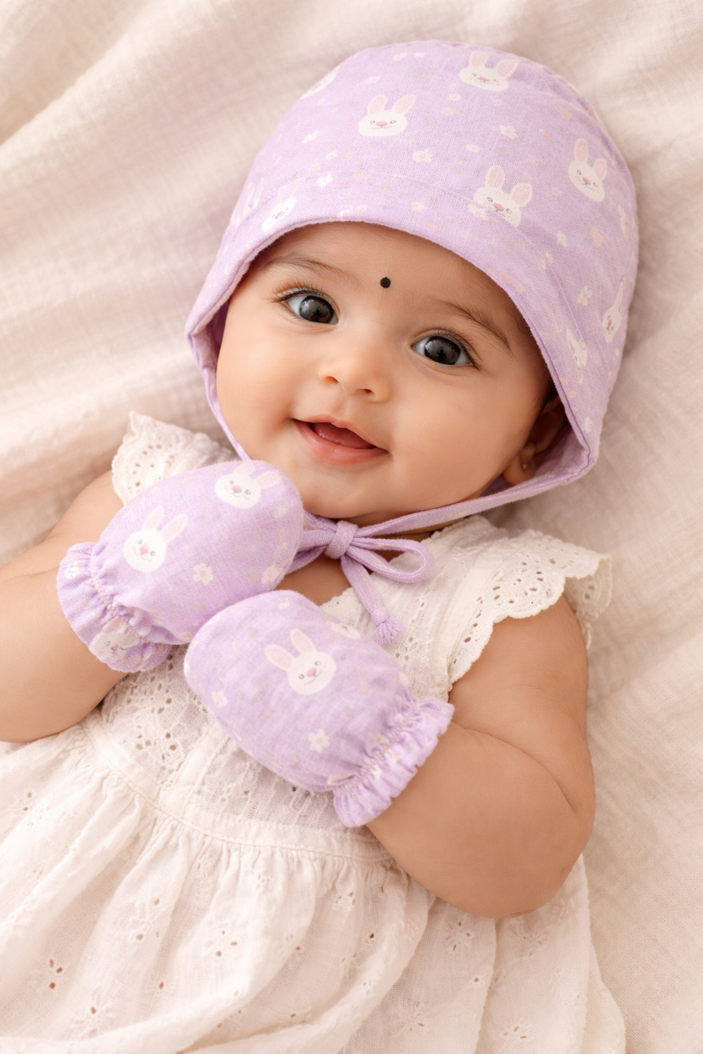 Soft Muslin Cotton Tie down Bunny cap with Mittens and Booties