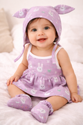 Dyed Color Tie Knot Frock wiht Cap and Booties Combo