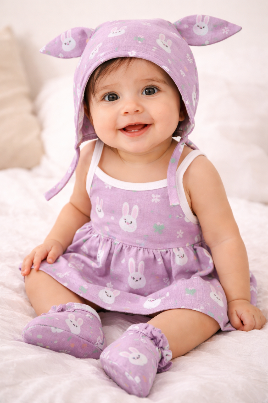 Dyed Color Tie Knot Frock wiht Cap and Booties Combo